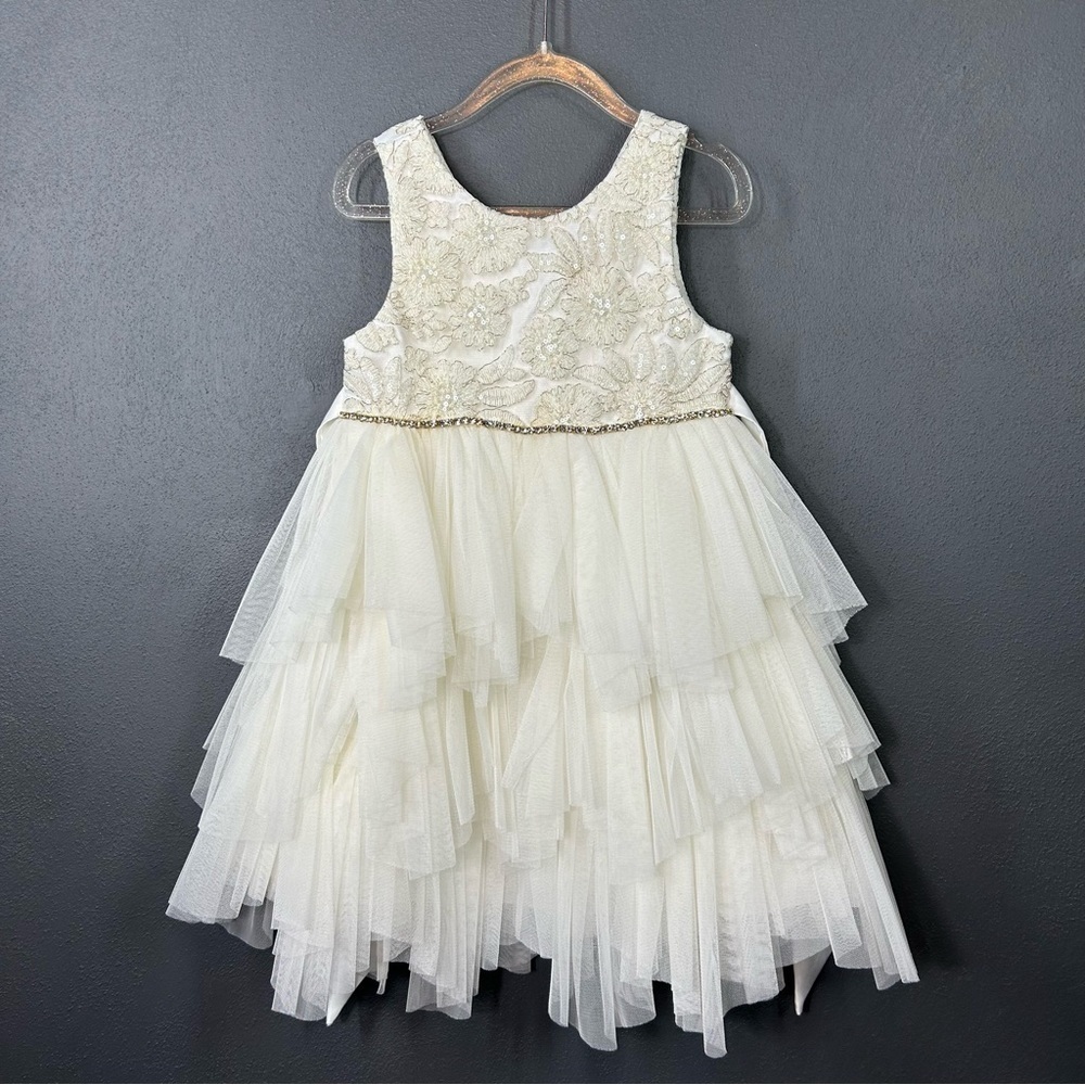 American Princess Cream Floral Sequin Asymmetrical Tulle Dress